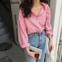 Load image into Gallery viewer, Colorfaith New 2020 Women Spring Summer Blouse Shirts Plaid Fashionable Single Breasted Casual Loose Wild Sweet Pink Tops BL023