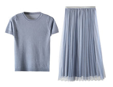 Load image into Gallery viewer, WARMSWAY Silver Shiny Lurex Knitted Womens Two Piece Sets O-Neck Short Sleeve T shirt + High Waist mesh Skirt C-069