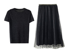 Load image into Gallery viewer, WARMSWAY Silver Shiny Lurex Knitted Womens Two Piece Sets O-Neck Short Sleeve T shirt + High Waist mesh Skirt C-069