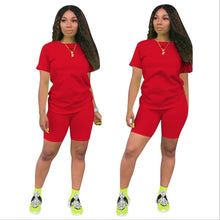 Load image into Gallery viewer, 2019 new women solid sporting casual two piece set short sleeve tee top above knee pants suit tracksuit outfit 4 color