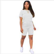 Load image into Gallery viewer, 2019 new women solid sporting casual two piece set short sleeve tee top above knee pants suit tracksuit outfit 4 color