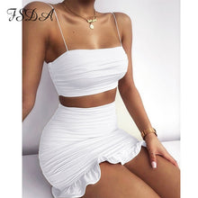 Load image into Gallery viewer, FSDA, conjunto de verano 2020 para mujer, Top corto con tirantes finos, falda blanca sexi y Mini Bodycon, traje de fiesta con volantes, conjuntos de dos piezas para Club
