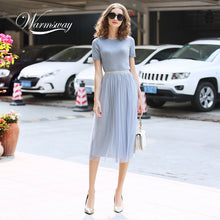 Load image into Gallery viewer, WARMSWAY Silver Shiny Lurex Knitted Womens Two Piece Sets  O-Neck Short Sleeve T shirt  + High Waist mesh Skirt C-069
