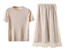 Load image into Gallery viewer, WARMSWAY Silver Shiny Lurex Knitted Womens Two Piece Sets  O-Neck Short Sleeve T shirt  + High Waist mesh Skirt C-069

