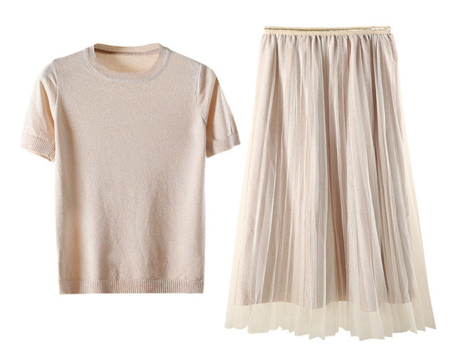 WARMSWAY Silver Shiny Lurex Knitted Womens Two Piece Sets  O-Neck Short Sleeve T shirt  + High Waist mesh Skirt C-069