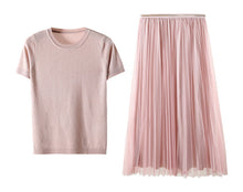 Load image into Gallery viewer, WARMSWAY Silver Shiny Lurex Knitted Womens Two Piece Sets  O-Neck Short Sleeve T shirt  + High Waist mesh Skirt C-069
