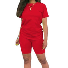 Load image into Gallery viewer, Two-piece Solid Color Women&#39;s Clothing. Short-sleeved Crew Neck T-shirt and Tight-fitting Shorts. Simple Style Tracksuit Outfit
