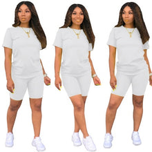 Load image into Gallery viewer, Two-piece Solid Color Women&#39;s Clothing. Short-sleeved Crew Neck T-shirt and Tight-fitting Shorts. Simple Style Tracksuit Outfit
