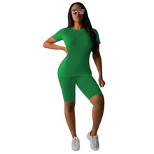 Load image into Gallery viewer, Two-piece Solid Color Women&#39;s Clothing. Short-sleeved Crew Neck T-shirt and Tight-fitting Shorts. Simple Style Tracksuit Outfit
