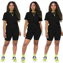 Load image into Gallery viewer, Two-piece Solid Color Women&#39;s Clothing. Short-sleeved Crew Neck T-shirt and Tight-fitting Shorts. Simple Style Tracksuit Outfit
