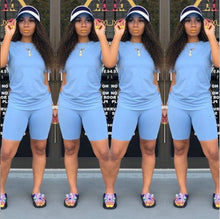 Load image into Gallery viewer, 2019 new women solid sporting casual two piece set short sleeve tee top above knee pants suit tracksuit outfit 4 color
