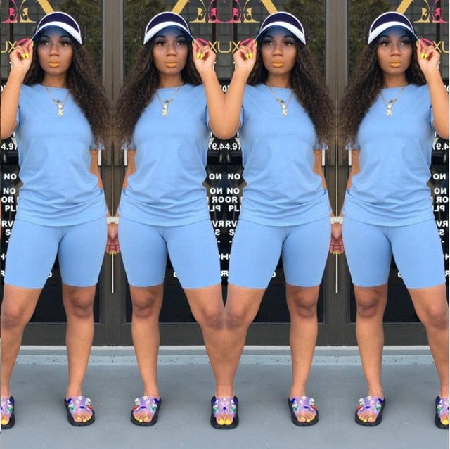 2019 new women solid sporting casual two piece set short sleeve tee top above knee pants suit tracksuit outfit 4 color