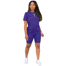 Load image into Gallery viewer, Two-piece Solid Color Women&#39;s Clothing. Short-sleeved Crew Neck T-shirt and Tight-fitting Shorts. Simple Style Tracksuit Outfit
