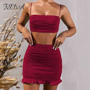 FSDA, conjunto de verano 2020 para mujer, Top corto con tirantes finos, falda blanca sexi y Mini Bodycon, traje de fiesta con volantes, conjuntos de dos piezas para Club