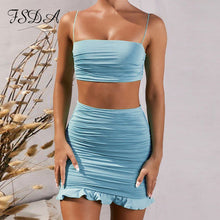 Load image into Gallery viewer, FSDA, conjunto de verano 2020 para mujer, Top corto con tirantes finos, falda blanca sexi y Mini Bodycon, traje de fiesta con volantes, conjuntos de dos piezas para Club
