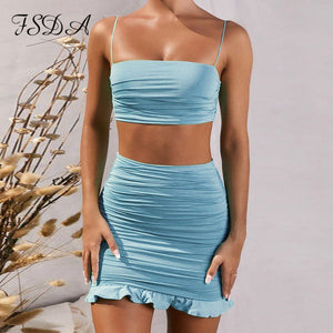 FSDA, conjunto de verano 2020 para mujer, Top corto con tirantes finos, falda blanca sexi y Mini Bodycon, traje de fiesta con volantes, conjuntos de dos piezas para Club